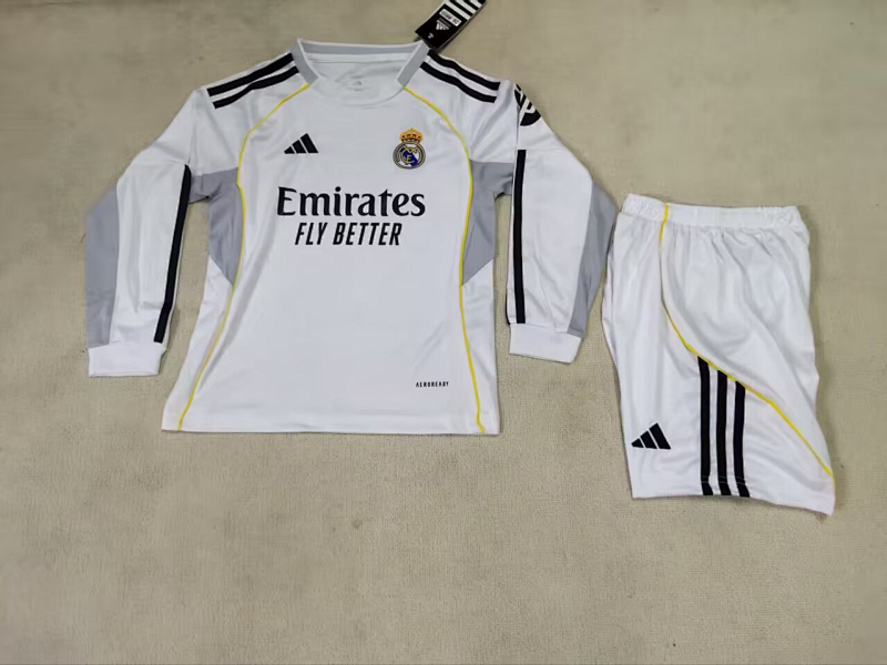 LA Liga & Ucl 25-26 Real Madrid Home Kids Long Sleeve Jersey Kit 16 -28