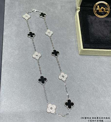 Premium Black Onyx Spacer Diamond Ten-Flower Four-Leaf Clover Necklace