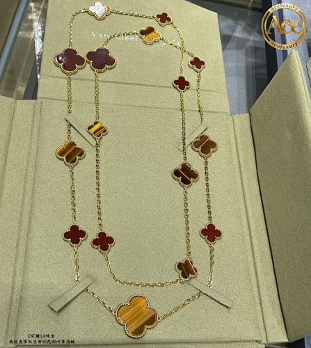 Premium Tiger Eye Red Agate 16-Flower Four-Leaf Clover Necklace