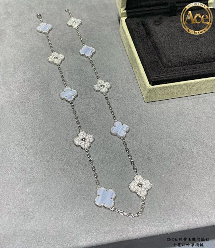 Natural Purple Chalcedony Spaced Diamond Ten-Flower Four-Leaf Clover Necklace