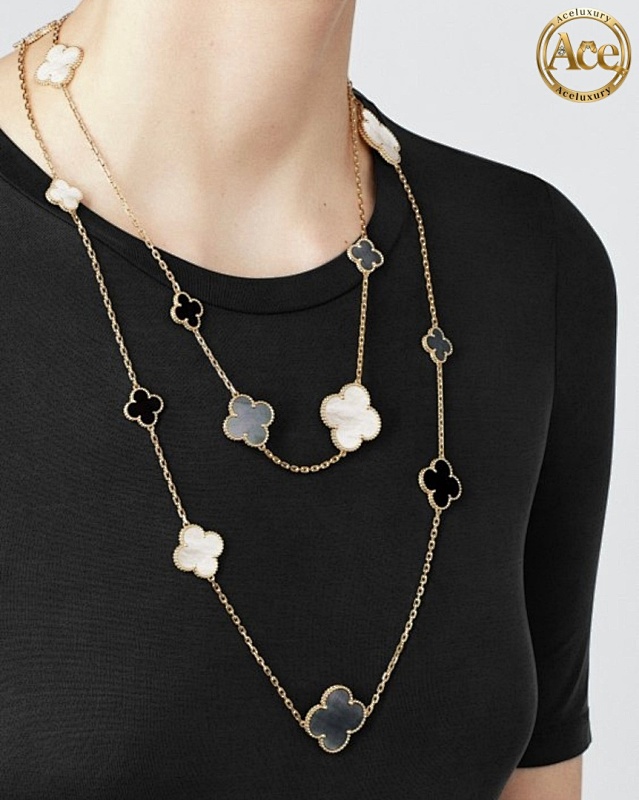 Premium Black White And Grey Mother-of-Pearl 16-Flower Four-Leaf Clover Necklace