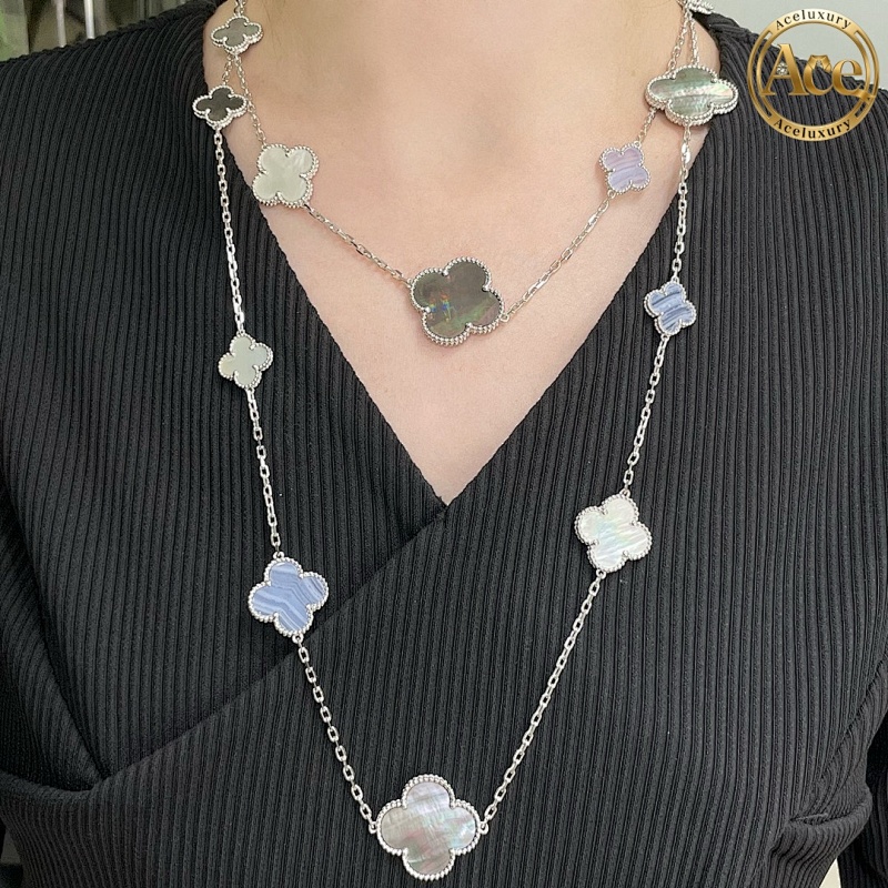 Premium Gray White Purple 16-Flower Four-Leaf Clover Necklace