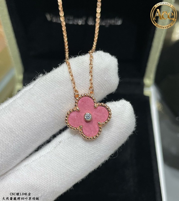 Natural Rhodochrosite Four-Leaf Clover Necklace