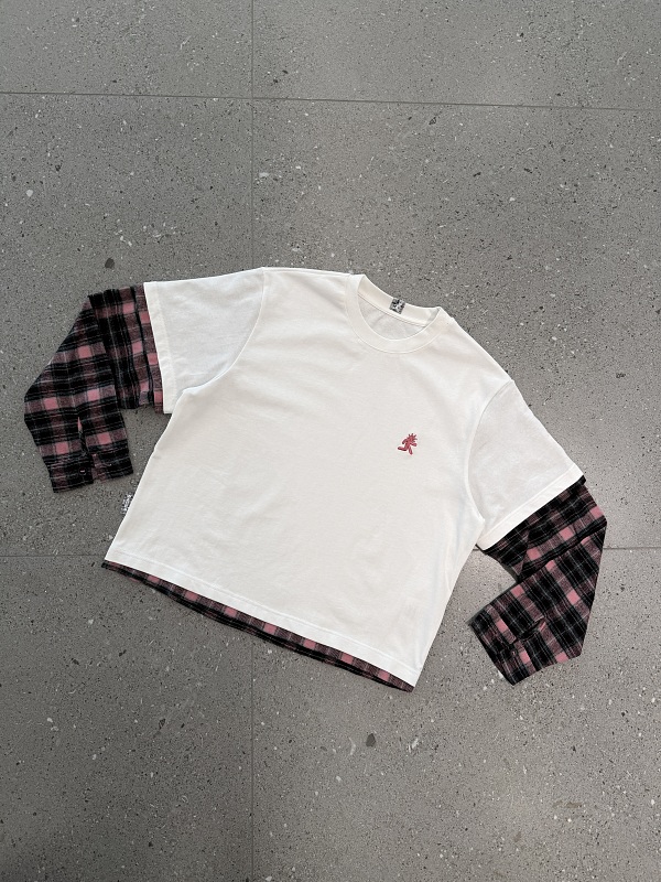 Long-sleeved Top With A Pink Plaid Faux-layered Design