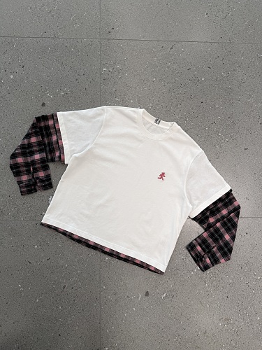 Long-sleeved Top With A Pink Plaid Faux-layered Design