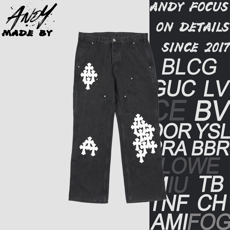 Leather-patched Cross Workwear Denim Pants