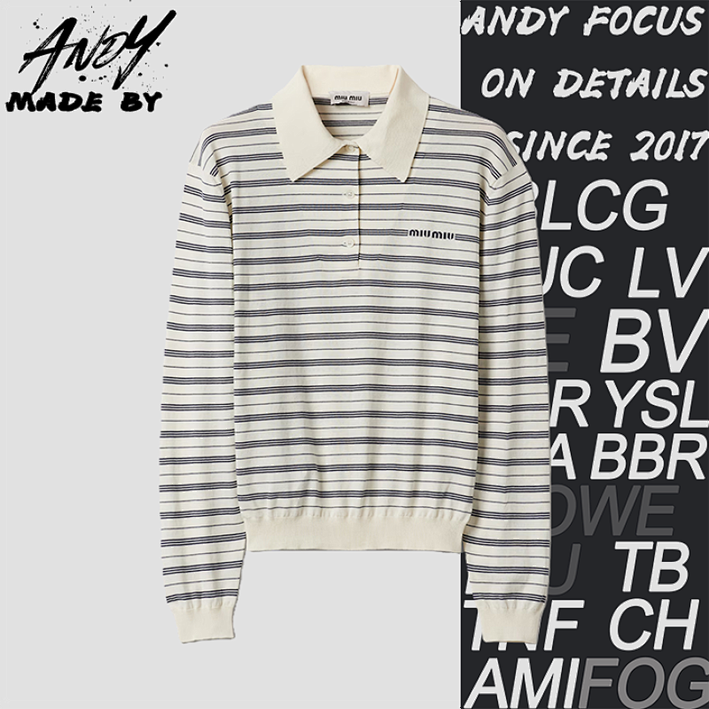 Miu LogoLettered Striped Long-sleeved Polo Shirt
