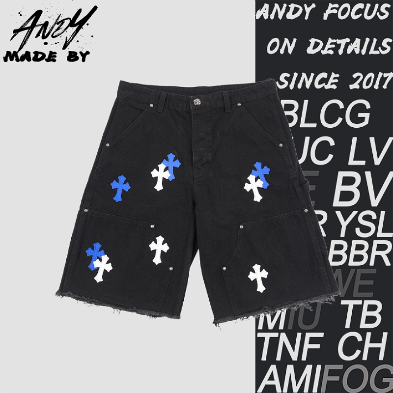 Cross Leather Patch Embroidered Workwear Denim Shorts