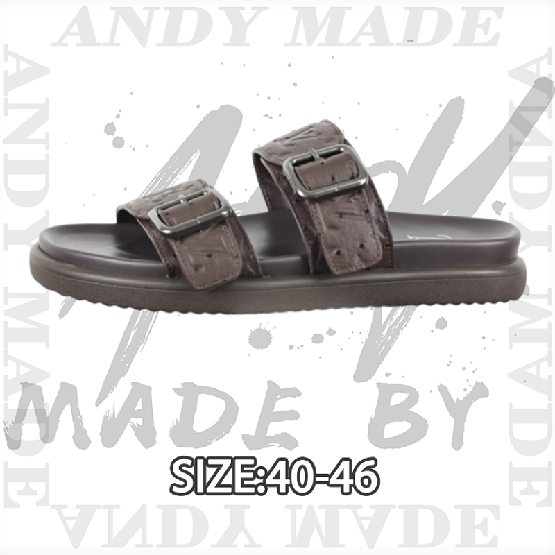 Louis Vuitton Men's Brown Cowhide Ostrich Pattern Round Toe Slip-on Sandals With Buckle