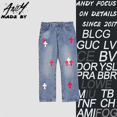 Denim Jeans With A Sanskrit Cross Patch On The Back