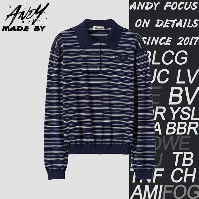 Miu Logo Lettering Striped Long-sleeved Polo Shirt