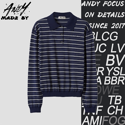 Miu Logo Lettering Striped Long-sleeved Polo Shirt