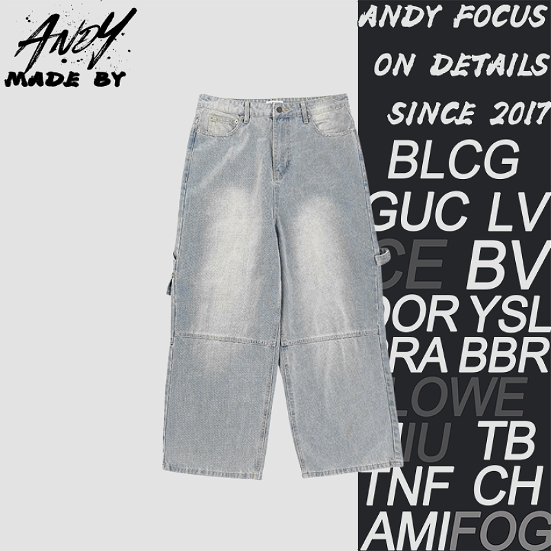 Light Blue Washed Wide-leg Cargo Jeans