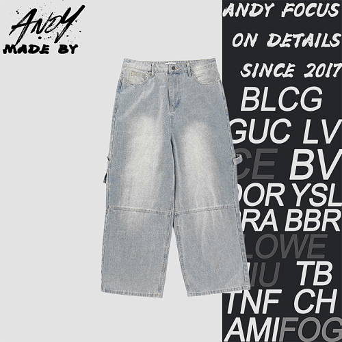 Light Blue Washed Wide-leg Cargo Jeans