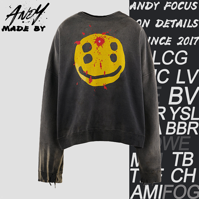 S M Four-eyed Smiley Face Print Crew Neck Sweatshirt