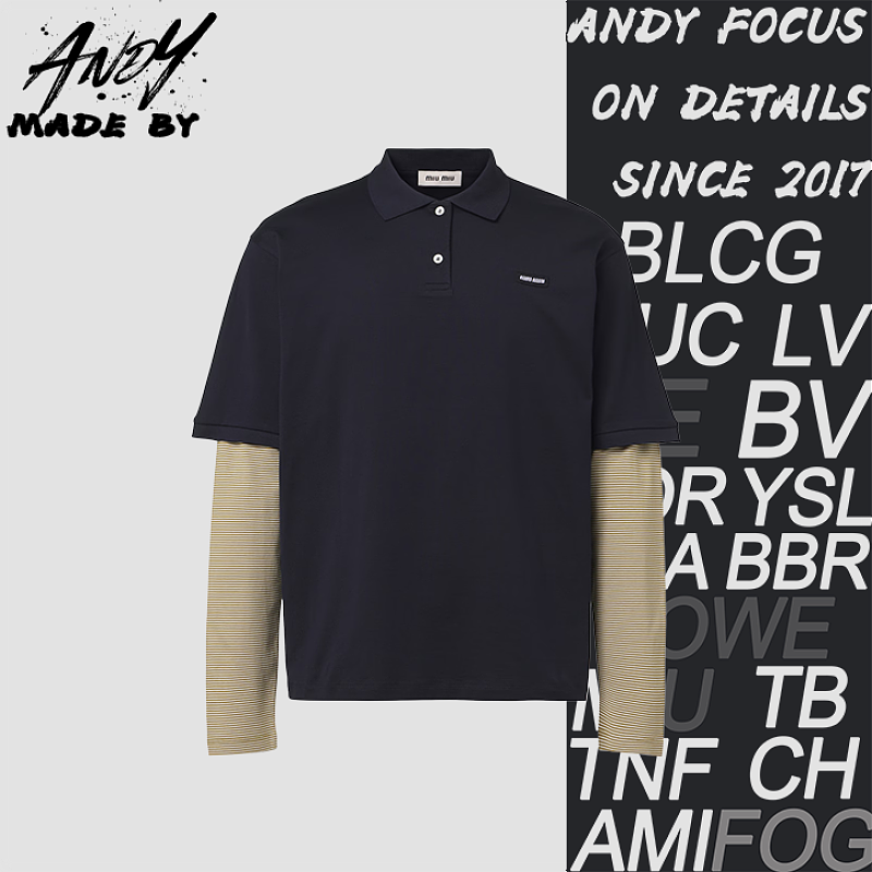 Navy Fake Two-piece Striped Long-sleeve Polo