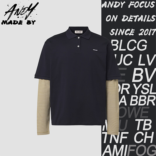 Navy Fake Two-piece Striped Long-sleeve Polo