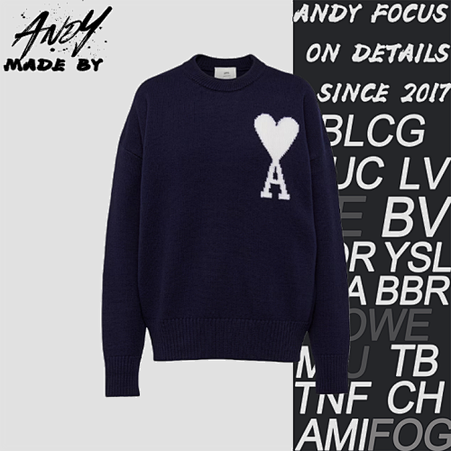 Heart Jacquard Crew Neck Sweater Dark Blue
