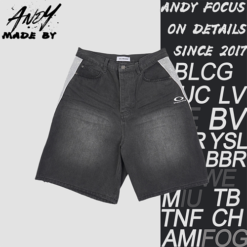 Denim Shorts With Slanted Gray Stripe Piping