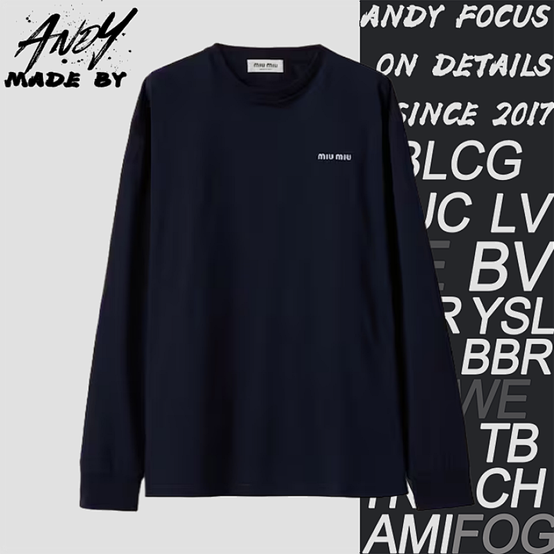 Miu Small Embroidery Round Neck Bottoming Shirt Navy Blue