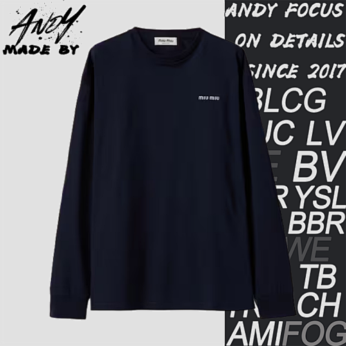 Miu Small Embroidery Round Neck Bottoming Shirt Navy Blue