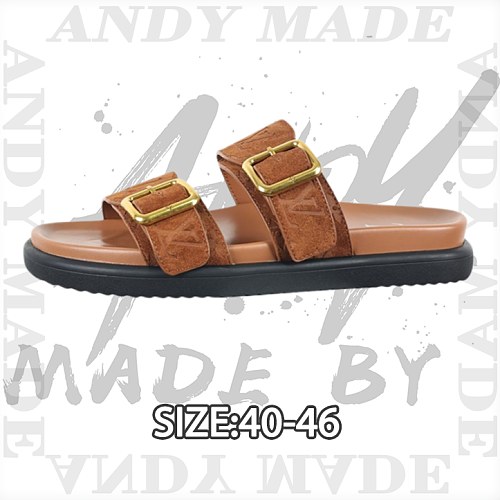 Cow Suede Embossed Buckle Round Toe Slippers Men's Coffee Color