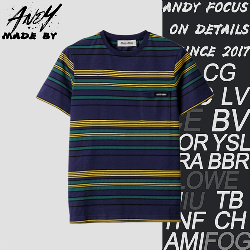 Yellow Green And Blue Striped Crew-Neck Short-Sleeve Top