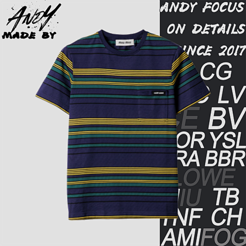 Yellow Green And Blue Striped Crew-Neck Short-Sleeve Top
