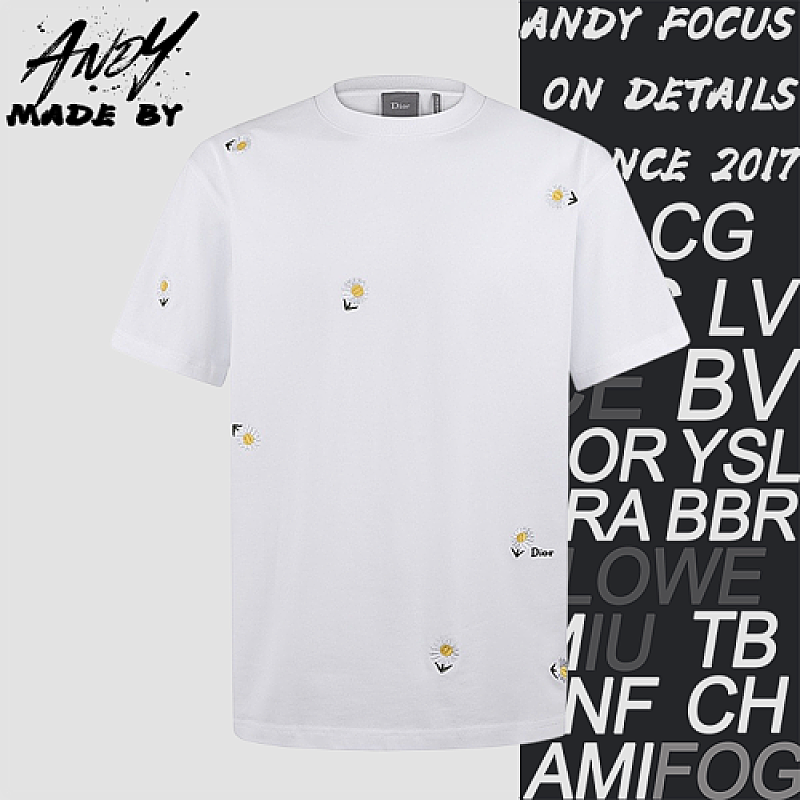 Cotton Knitted Daisy Embroidered Crew Neck Short-sleeved T-shirt