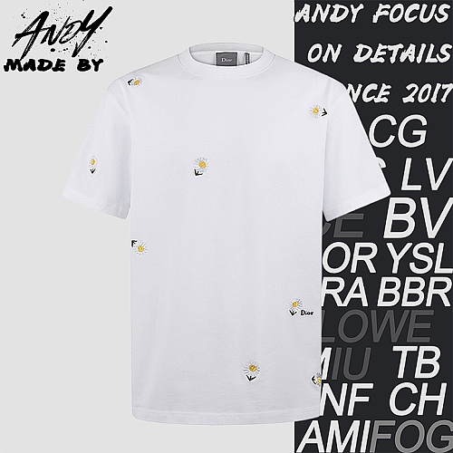 Cotton Knitted Daisy Embroidered Crew Neck Short-sleeved T-shirt