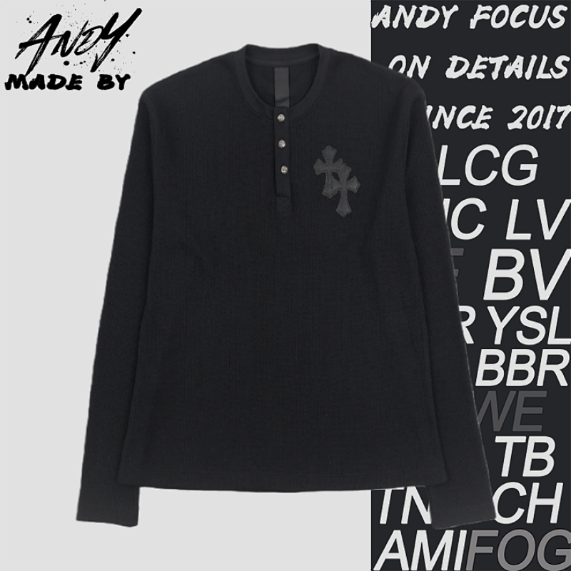 Henley Collar Patchwork Leather Sweatshirt With Silver Buttons