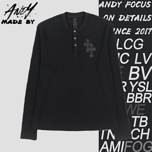 Henley Collar Patchwork Leather Sweatshirt With Silver Buttons