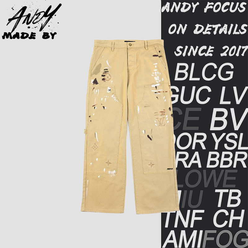 Letter Floral Zigzag Embroidery Ink-splash Workwear Lumberjack Pants