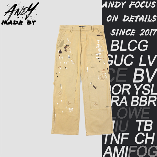 Letter Floral Zigzag Embroidery Ink-splash Workwear Lumberjack Pants