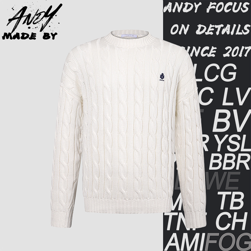 Prada Cable Knit Embroidered Logo Cotton Sweater