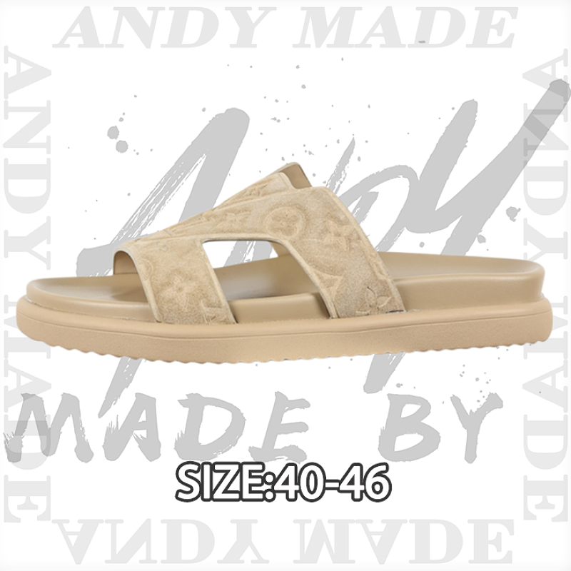 Louis Vuitton Embossed Cow Leather Slide Sandals Men's Khaki