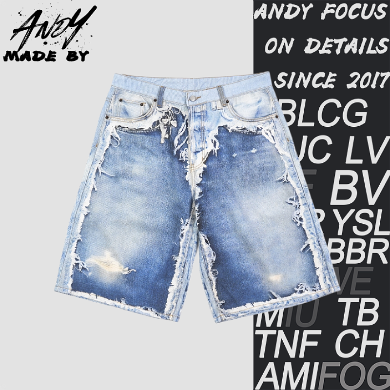 Acne Studios Series Printed Patchwork Frayed Edge Denim Shorts