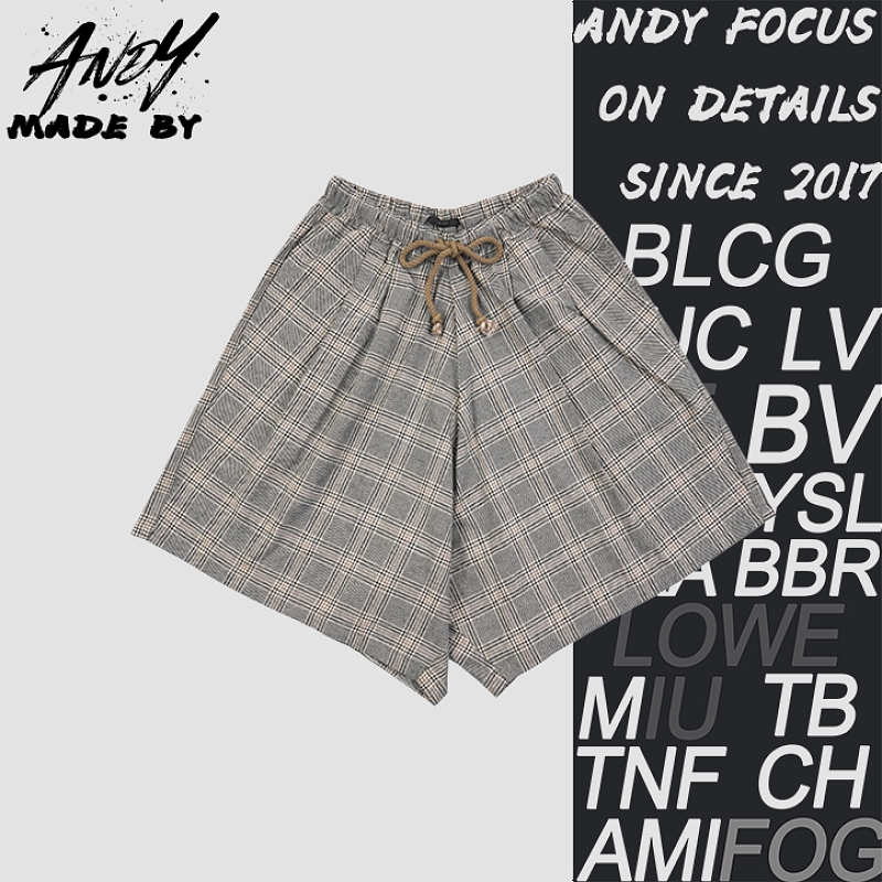 Linen Plaid Drawstring Wide-Leg Cropped Shorts