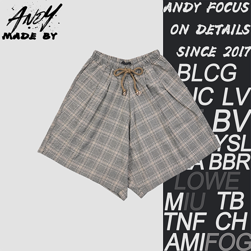 Linen Plaid Drawstring Wide-Leg Cropped Shorts