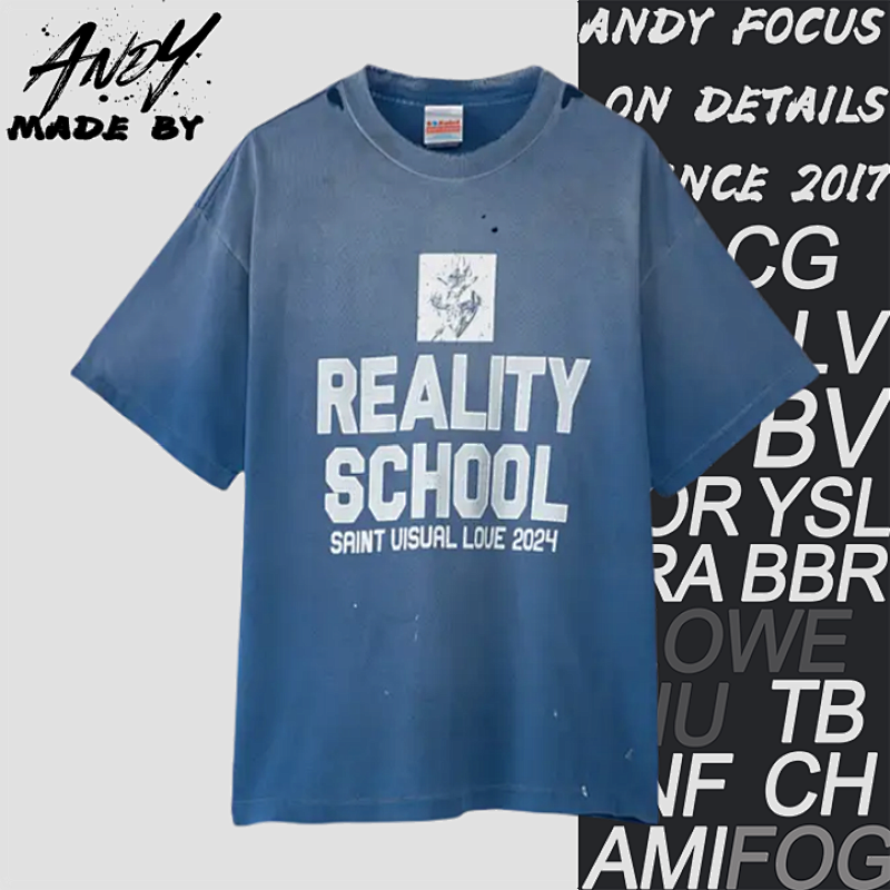 S M Blue Washed Distressed Slogan Printed Short-sleeved Shirt