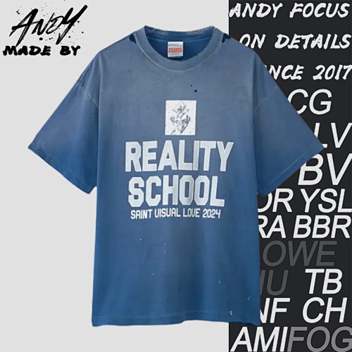 S M Blue Washed Distressed Slogan Printed Short-sleeved Shirt