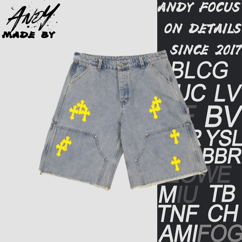 Cross-patterned Leather Patch Embroidered Workwear Denim Shorts