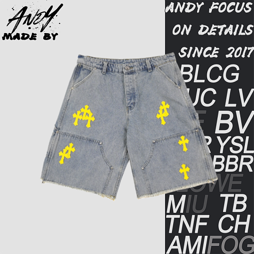 Cross-patterned Leather Patch Embroidered Workwear Denim Shorts