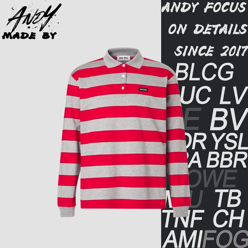 Miu 26ss Miu Small Label Red And Gray Striped Polo Long Sleeves