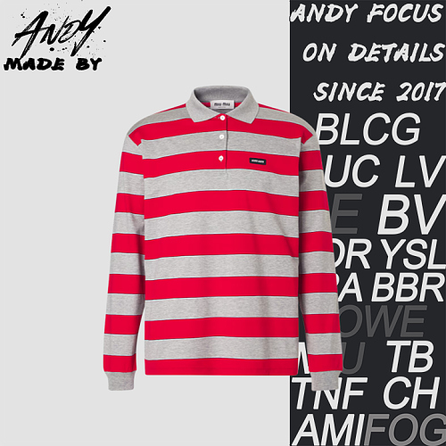 Miu 26ss Miu Small Label Red And Gray Striped Polo Long Sleeves