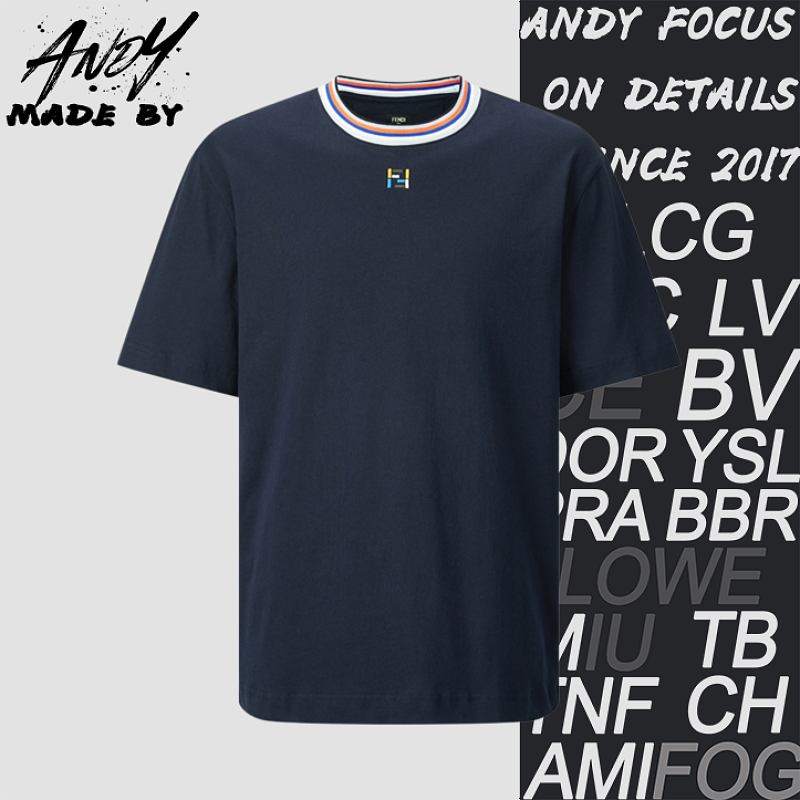 Striped Collar Embroidered Double F Logo Short-sleeved Shirt