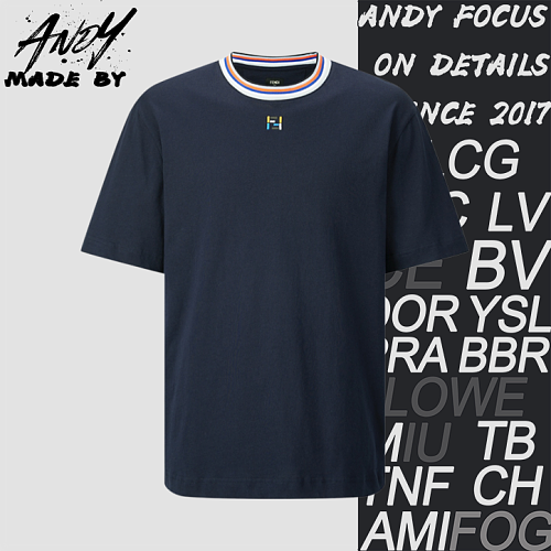 Striped Collar Embroidered Double F Logo Short-sleeved Shirt