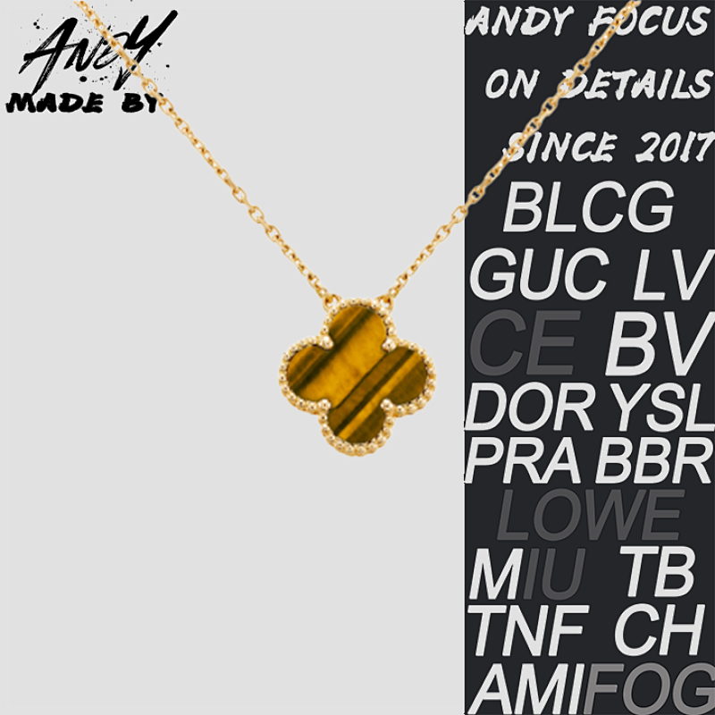 Van Tiger Eye Stone Clover Necklace Gold