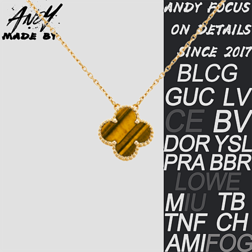 Van Tiger Eye Stone Clover Necklace Gold