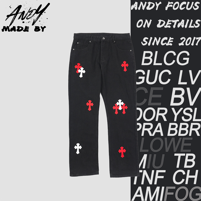 Denim Jeans With A Sanskrit Cross Patch On The Back